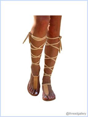 Women's Flat Knee High Gladiator Sandals Strappy Lace Up Bohemia